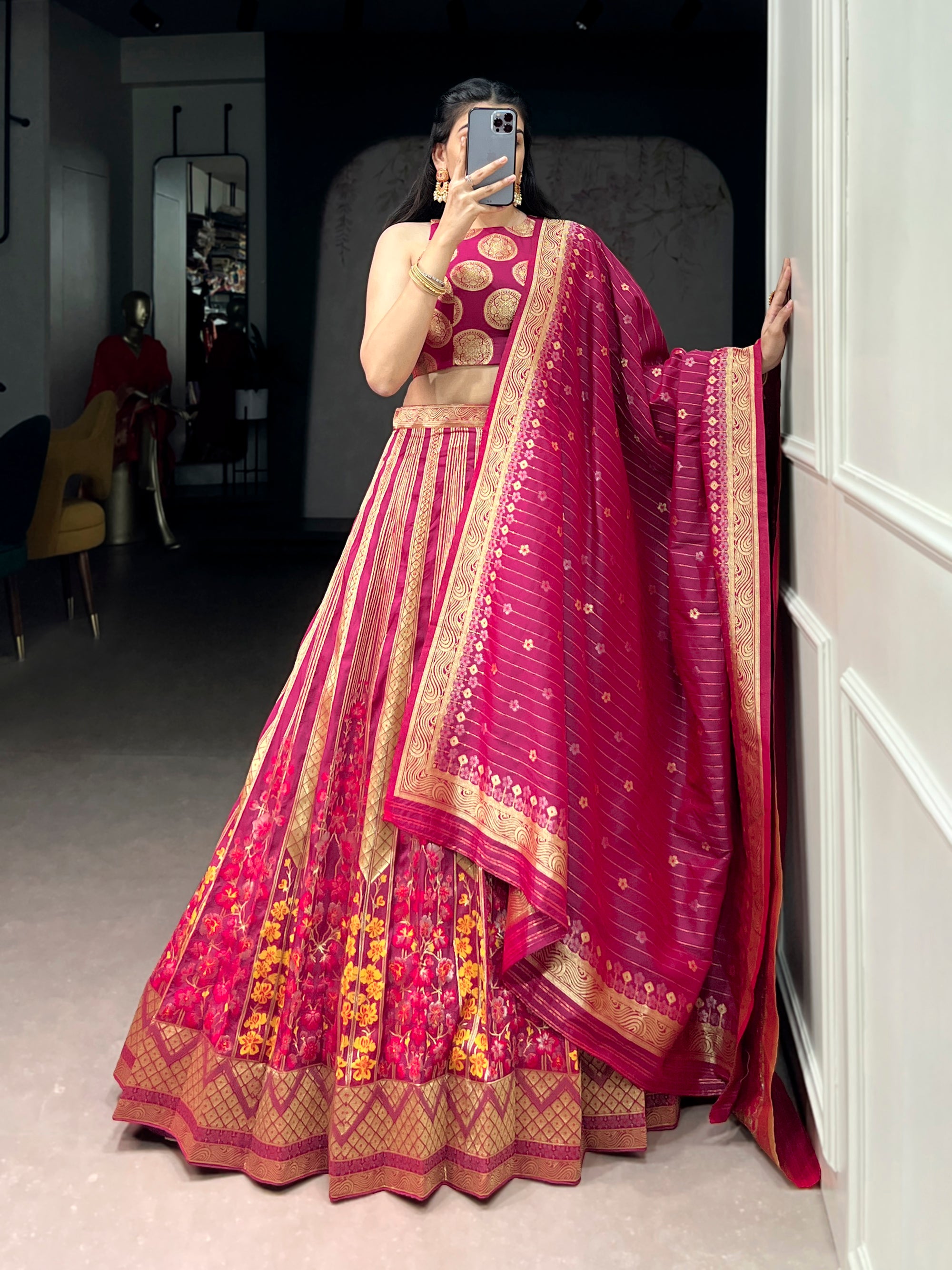 Lorenvalley Fashion Pink Silk Zari Weaving Work Lehenga Choli with Dupatta - Dista