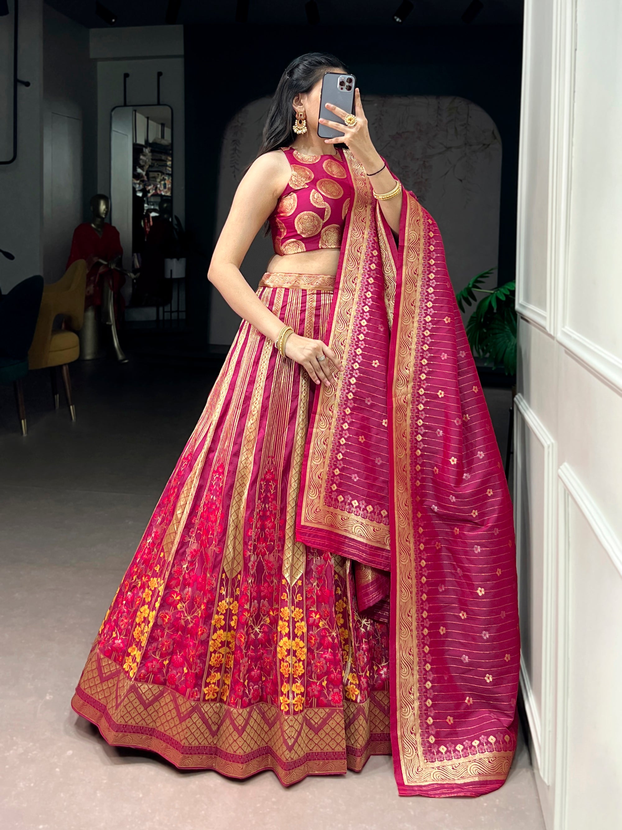 Lorenvalley Fashion Pink Silk Zari Weaving Work Lehenga Choli with Dupatta - Dista