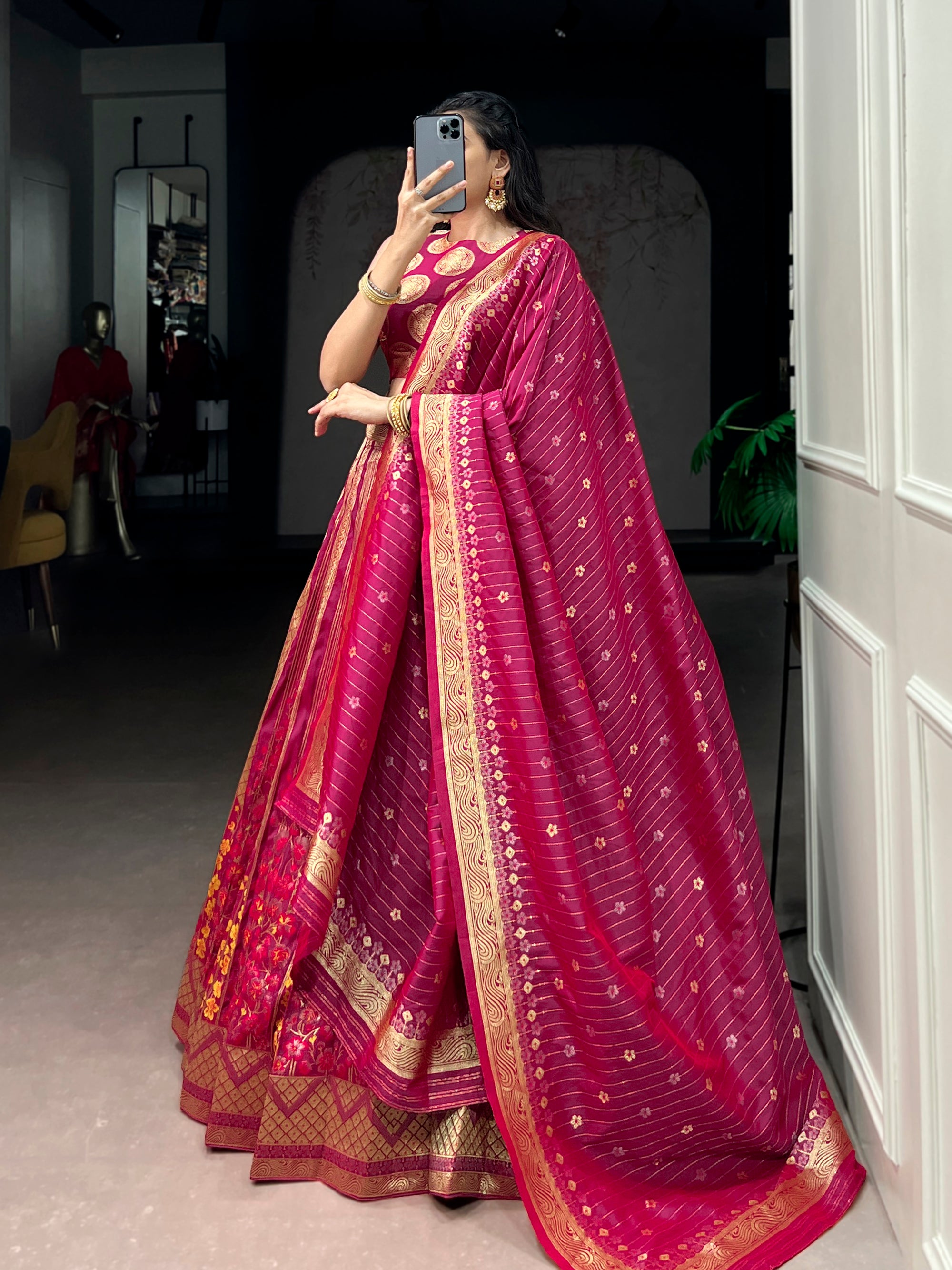 Lorenvalley Fashion Pink Silk Zari Weaving Work Lehenga Choli with Dupatta - Dista