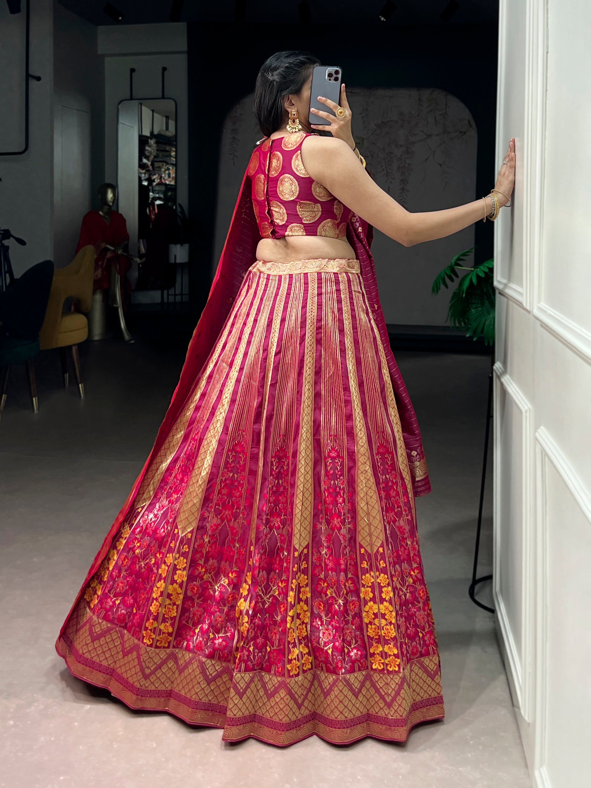 Lorenvalley Fashion Pink Silk Zari Weaving Work Lehenga Choli with Dupatta - Dista