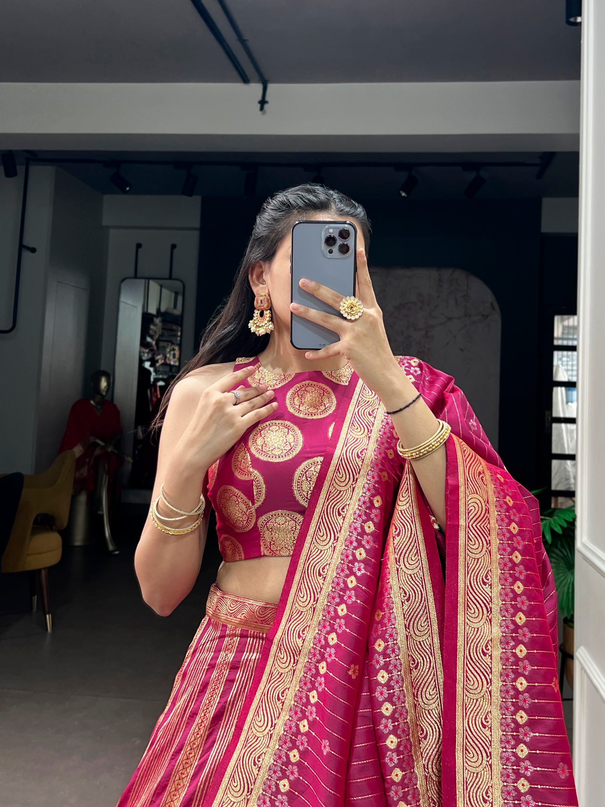 Lorenvalley Fashion Pink Silk Zari Weaving Work Lehenga Choli with Dupatta - Dista