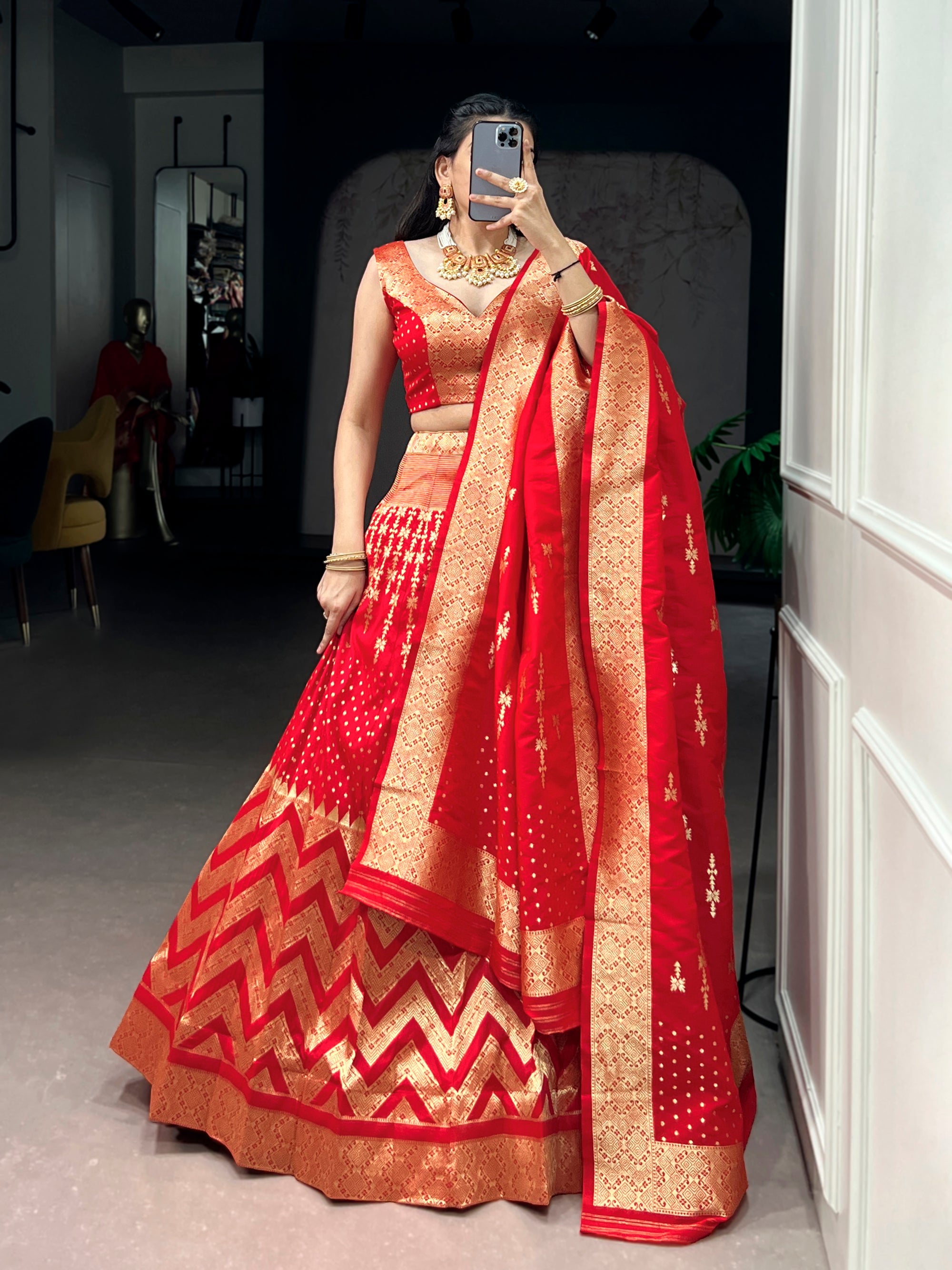 Lorenvalley Fashion Red Silk Zari Weaving Work Lehenga Choli with Dupatta - Dista