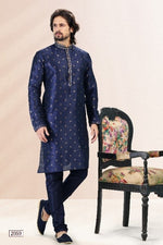 Thumbnail for Raivat Ethnic Jacquard Banarasi Silk Pintux Work Kurta Pajama In Blue Colour - Distacart