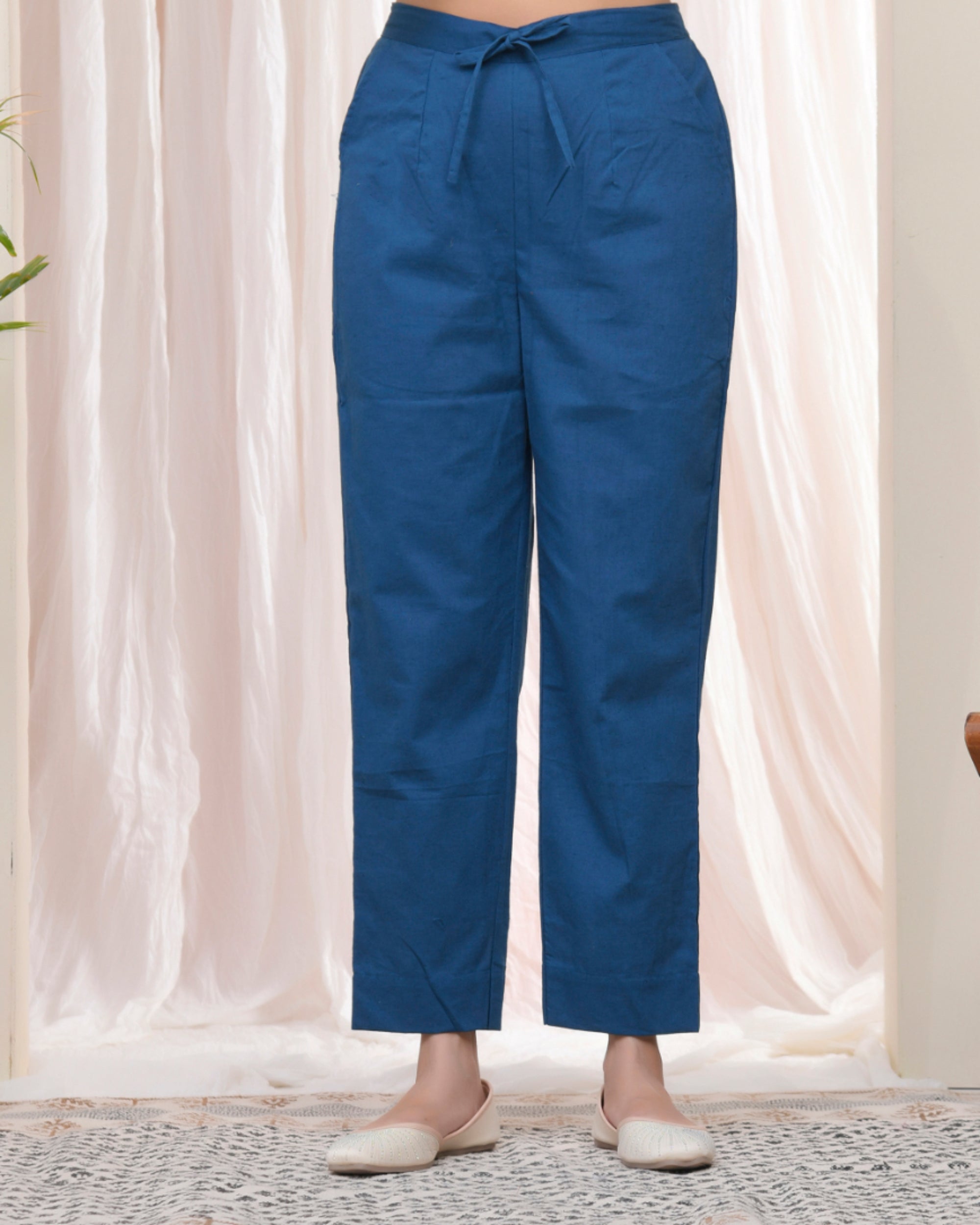 Vaasva Women Cobalt Blue Cotton Flax Solid Straight Pants