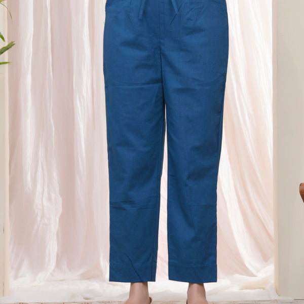 Vaasva Women Cobalt Blue Cotton Flax Solid Straight Pants
