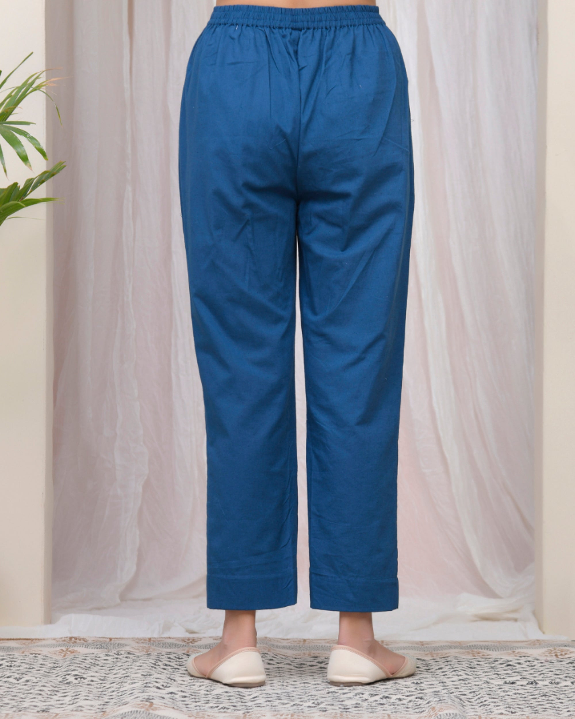 Vaasva Women Cobalt Blue Cotton Flax Solid Straight Pants