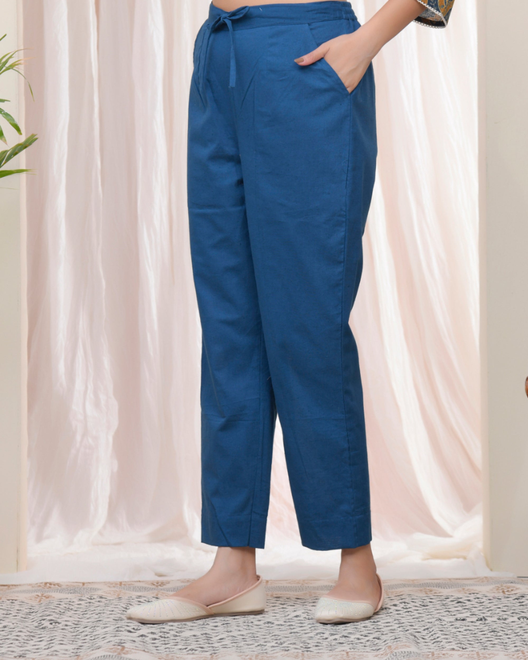 Vaasva Women Cobalt Blue Cotton Flax Solid Straight Pants