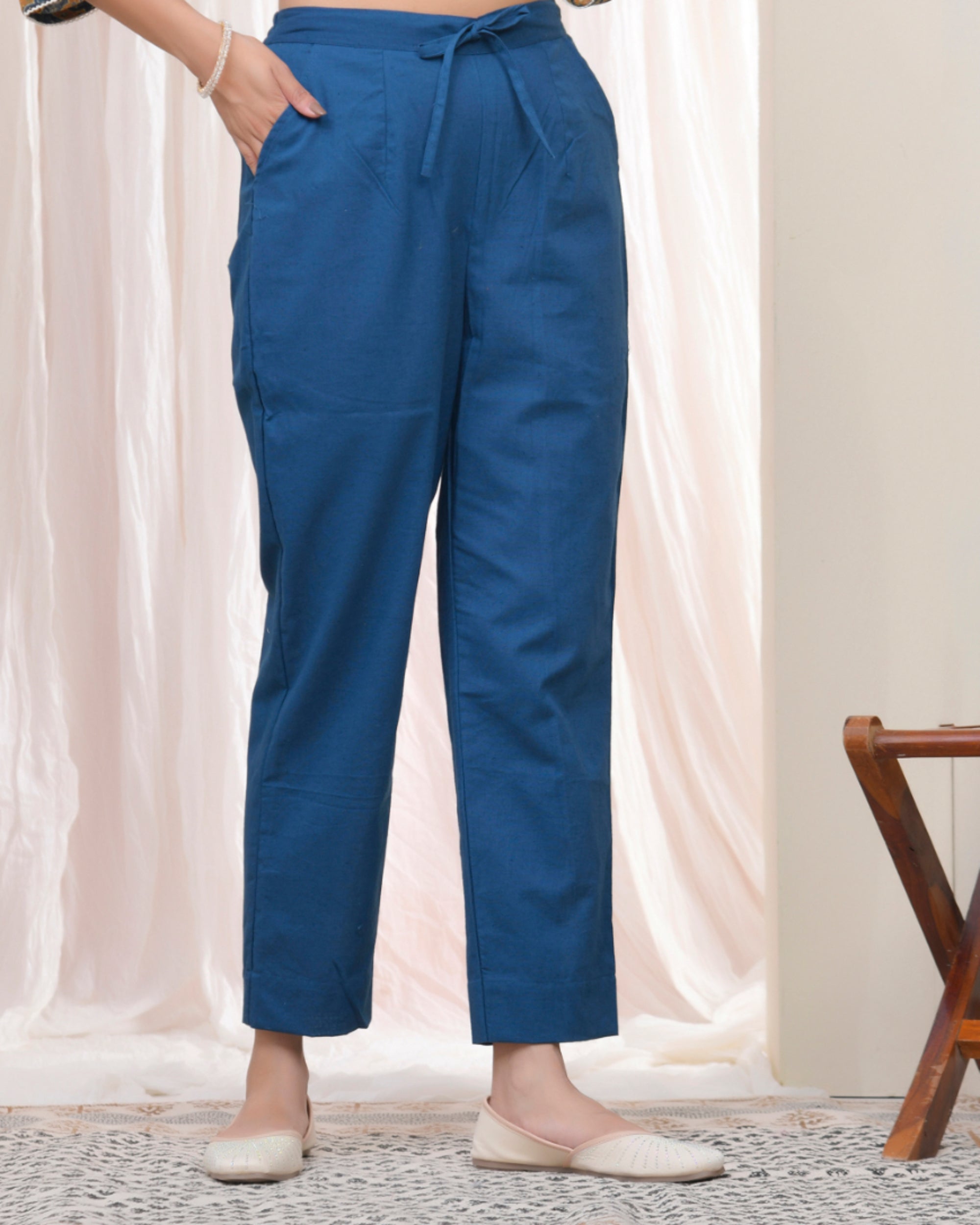 Vaasva Women Cobalt Blue Cotton Flax Solid Straight Pants