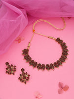 Thumbnail for Tehzeeb Creations Maroon Colour Gold Pleated Stone Studded Necklace With Earrings - Distacart
