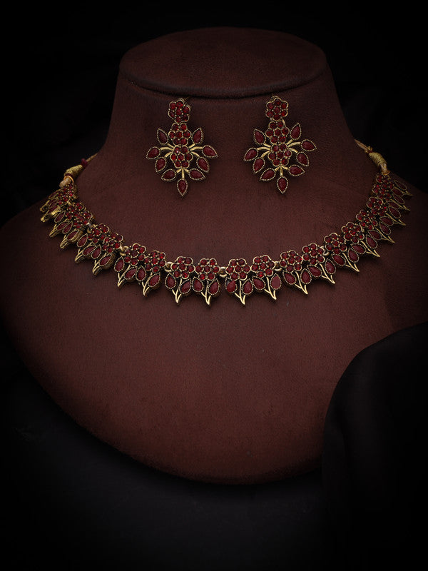 Tehzeeb Creations Maroon Colour Gold Pleated Stone Studded Necklace With Earrings - Distacart
