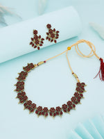 Thumbnail for Tehzeeb Creations Maroon Colour Gold Pleated Stone Studded Necklace With Earrings - Distacart
