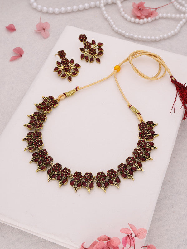 Tehzeeb Creations Maroon Colour Gold Pleated Stone Studded Necklace With Earrings - Distacart