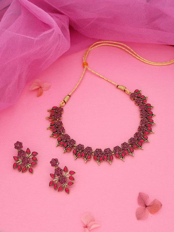Tehzeeb Creations Pink Colour Gold Pleated Stone Studded Necklace With Earrings - Distacart
