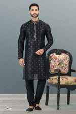 Thumbnail for Raivat Ethnic Jacquard Banarasi Silk Pintux Work Kurta Pajama In Black Colour - Distacart
