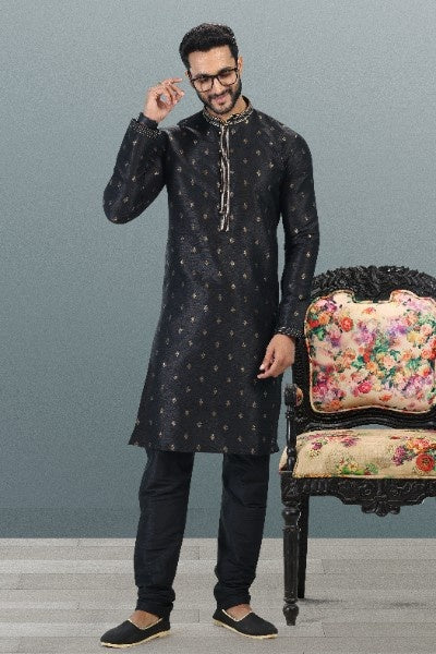 Raivat Ethnic Jacquard Banarasi Silk Pintux Work Kurta Pajama In Black Colour - Distacart