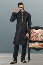 Thumbnail for Raivat Ethnic Jacquard Banarasi Silk Pintux Work Kurta Pajama In Black Colour - Distacart