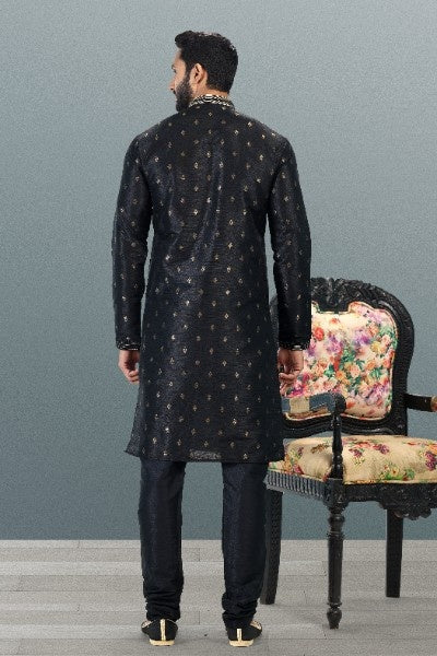 Raivat Ethnic Jacquard Banarasi Silk Pintux Work Kurta Pajama In Black Colour - Distacart