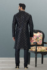 Thumbnail for Raivat Ethnic Jacquard Banarasi Silk Pintux Work Kurta Pajama In Black Colour - Distacart