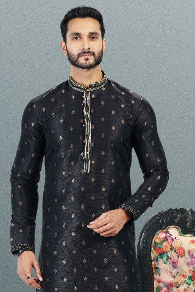 Raivat Ethnic Jacquard Banarasi Silk Pintux Work Kurta Pajama In Black Colour - Distacart