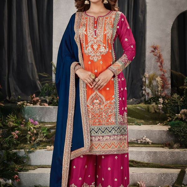 Anaita Orange And Pink Embroidered Viscose Chinon Salwar Suit - Distacart