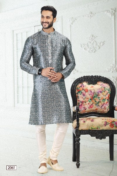 Raivat Ethnic Banarasi Silk Pintux Work Kurta Pajama In Grey Colour - Distacart