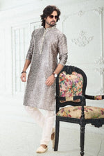 Thumbnail for Raivat Ethnic Banarasi Silk Pintux Work Kurta Pajama In Grey Colour - Distacart