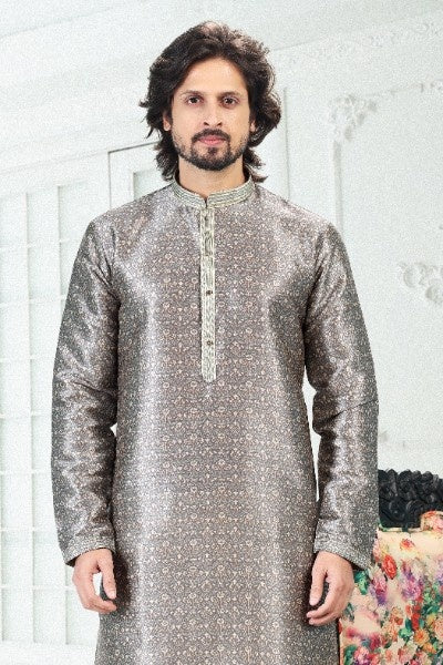 Raivat Ethnic Banarasi Silk Pintux Work Kurta Pajama In Grey Colour - Distacart
