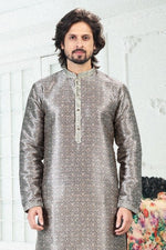 Thumbnail for Raivat Ethnic Banarasi Silk Pintux Work Kurta Pajama In Grey Colour - Distacart