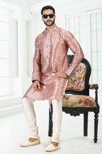 Thumbnail for Raivat Ethnic Banarasi Silk Pintux Work Kurta Pajama In Onion Pink Colour - Distacart