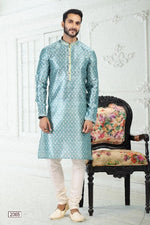 Thumbnail for Raivat Ethnic Banarasi Silk Pintux Work Kurta Pajama In Blue Colour - Distacart