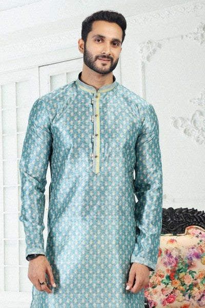 Raivat Ethnic Banarasi Silk Pintux Work Kurta Pajama In Blue Colour - Distacart