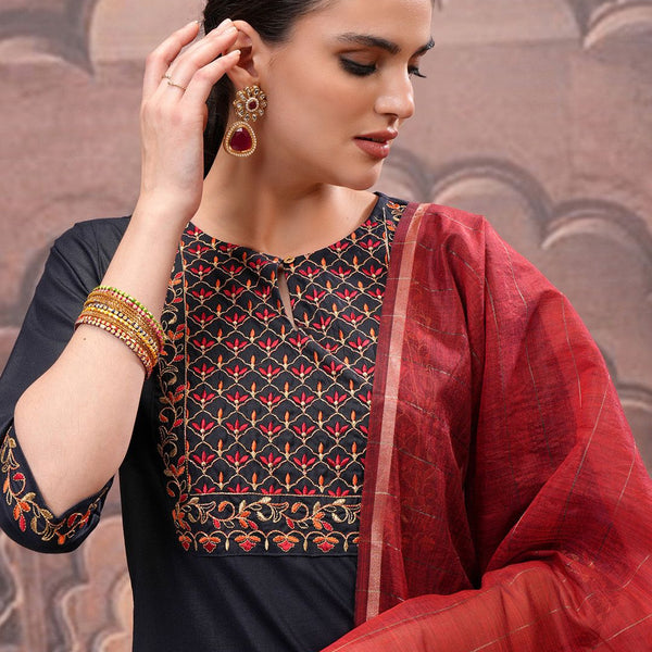 Vishudh Navy Blue Floral Embroidered Straight Kurta with Palazzo & Dupatta - Distacart