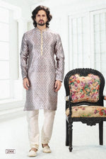 Thumbnail for Raivat Ethnic Banarasi Silk Pintux Work Kurta Pajama In Grey Colour - Distacart