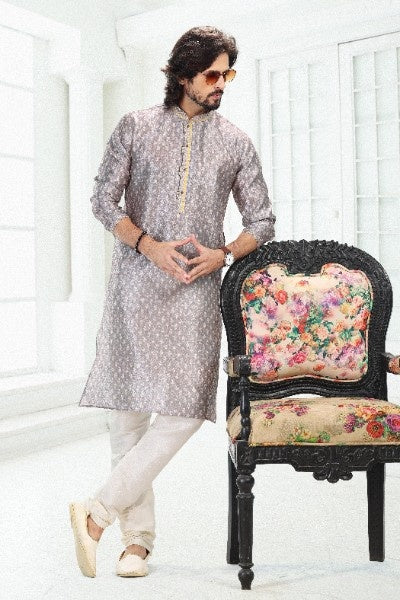 Raivat Ethnic Banarasi Silk Pintux Work Kurta Pajama In Grey Colour - Distacart
