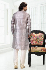 Thumbnail for Raivat Ethnic Banarasi Silk Pintux Work Kurta Pajama In Grey Colour - Distacart