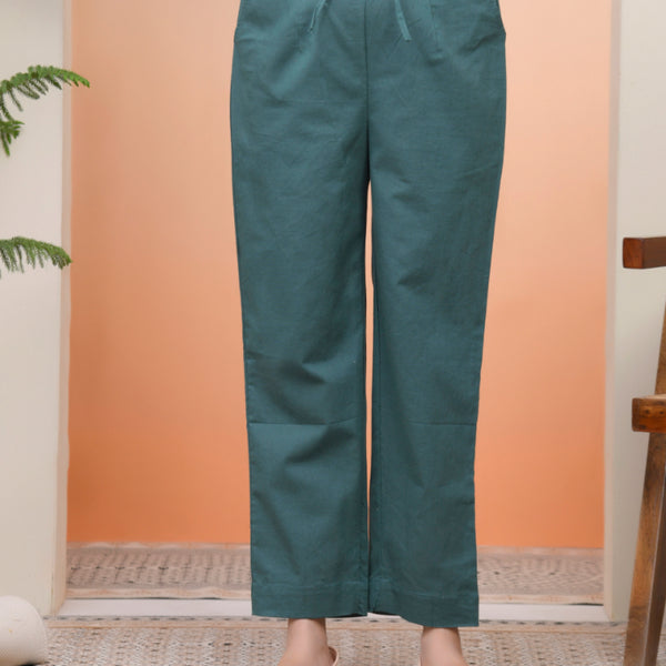 Vaasva Women Ferozi Cotton Flax Solid Straight Pants