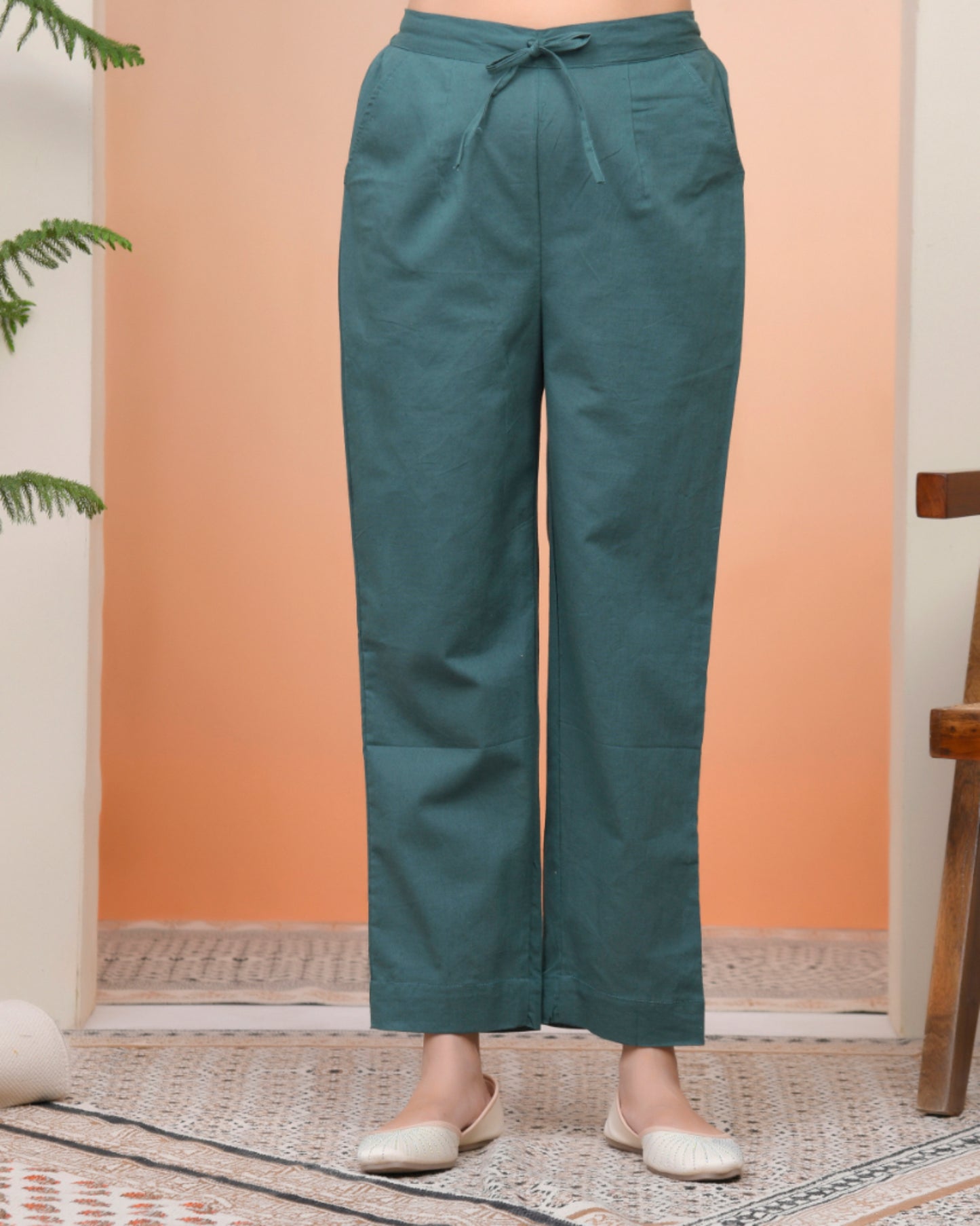 Vaasva Women Ferozi Cotton Flax Solid Straight Pants - Distacart