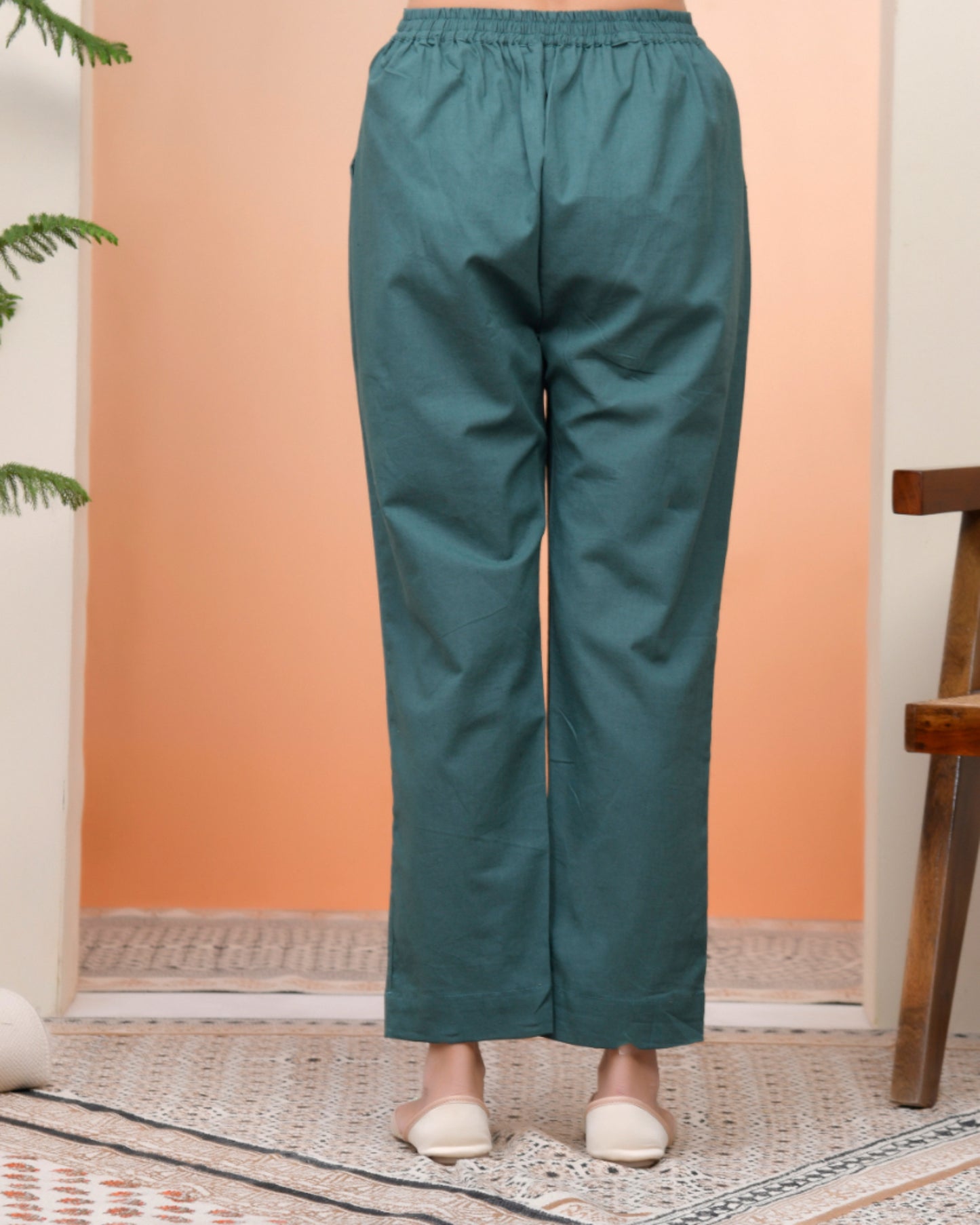 Vaasva Women Ferozi Cotton Flax Solid Straight Pants - Distacart