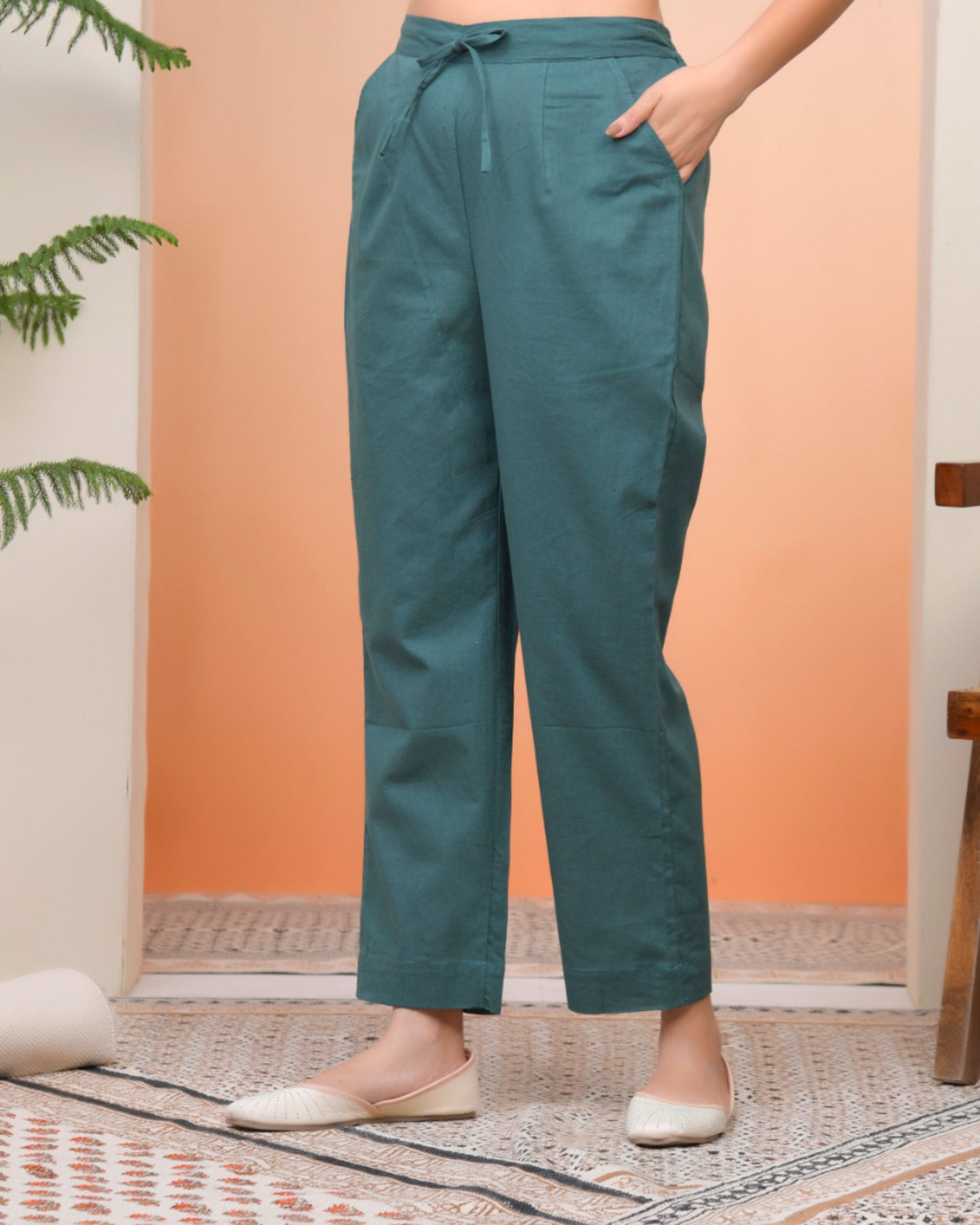Vaasva Women Ferozi Cotton Flax Solid Straight Pants - Distacart
