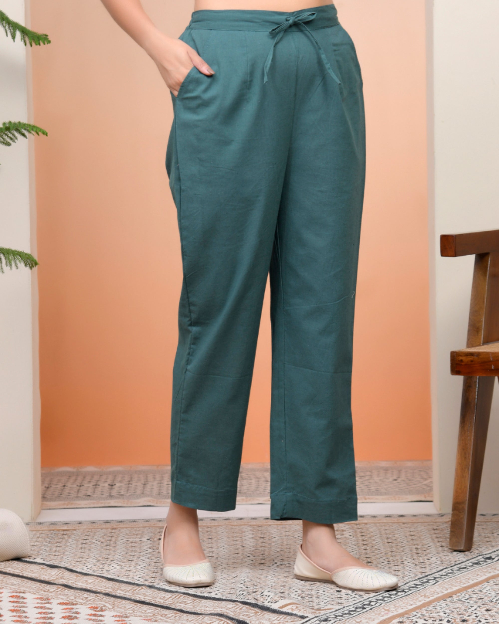 Vaasva Women Ferozi Cotton Flax Solid Straight Pants