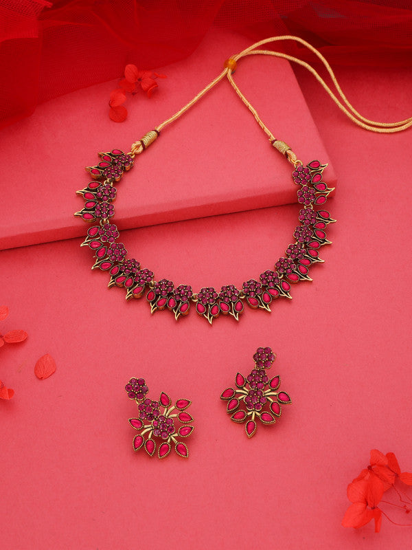 Tehzeeb Creations Pink Colour Gold Pleated Stone Studded Necklace With Earrings - Distacart
