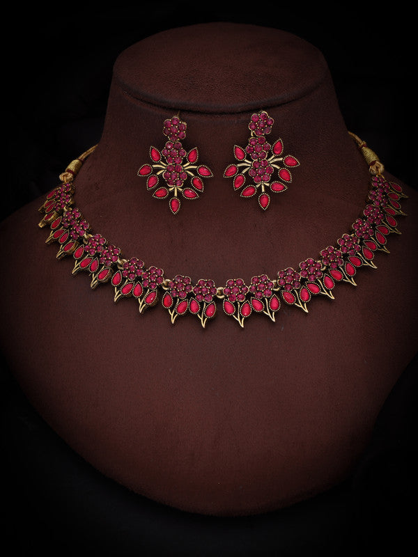 Tehzeeb Creations Pink Colour Gold Pleated Stone Studded Necklace With Earrings - Distacart