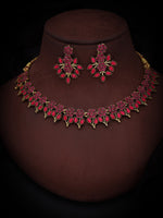 Thumbnail for Tehzeeb Creations Pink Colour Gold Pleated Stone Studded Necklace With Earrings - Distacart