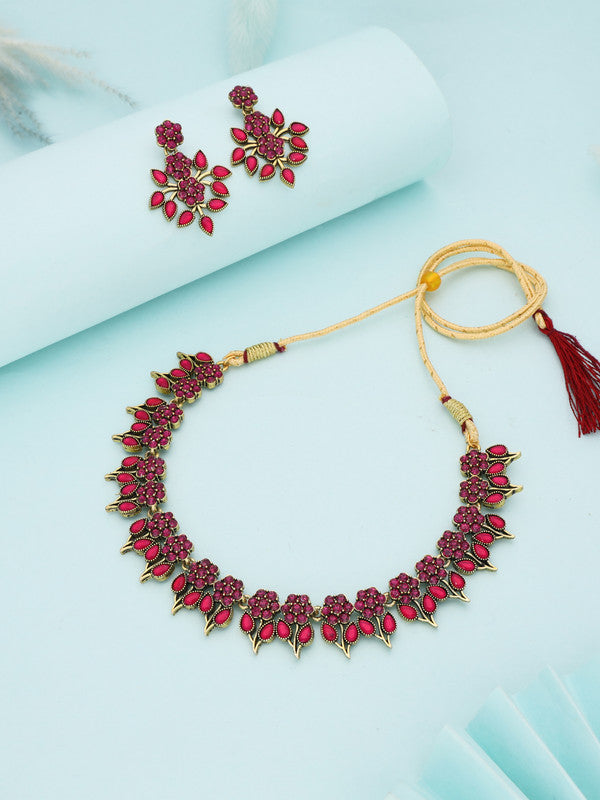 Tehzeeb Creations Pink Colour Gold Pleated Stone Studded Necklace With Earrings - Distacart