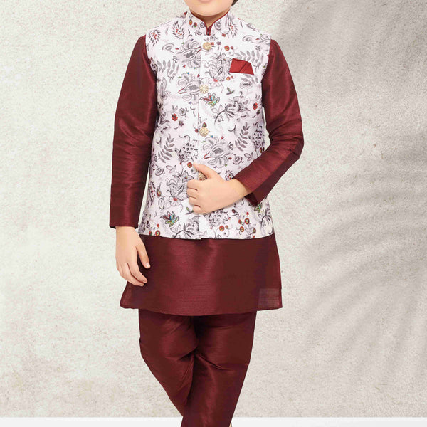 Raivat Ethnic Banarasi Silk Digital Printed Kurta Pajama With Jacket In Off White Colour - Distacart