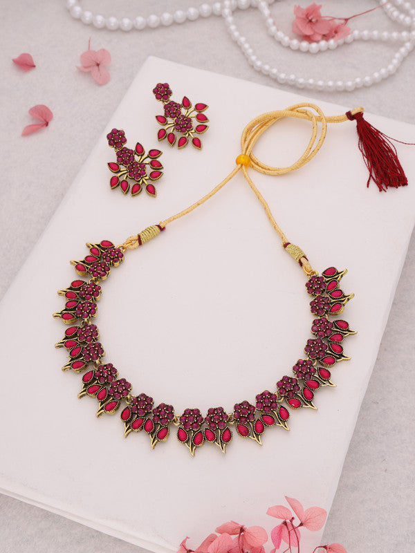 Tehzeeb Creations Pink Colour Gold Pleated Stone Studded Necklace With Earrings - Distacart