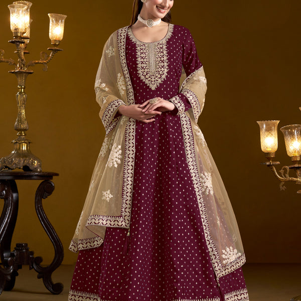 Anaita Purple Embroidered Jacquard Chanderi Anarkali Suit - Distacart