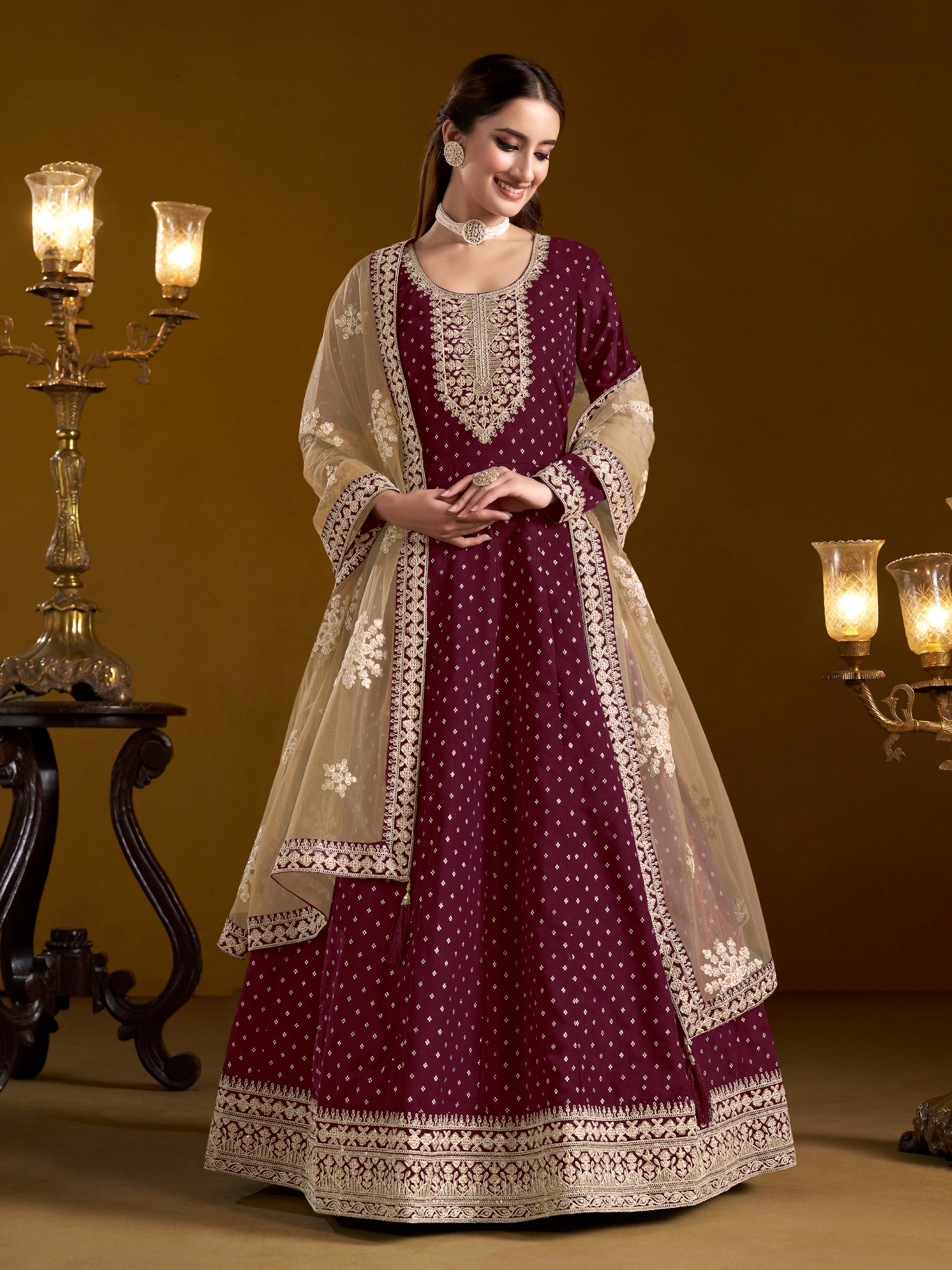 Anaita Purple Embroidered Jacquard Chanderi Anarkali Suit - Distacart