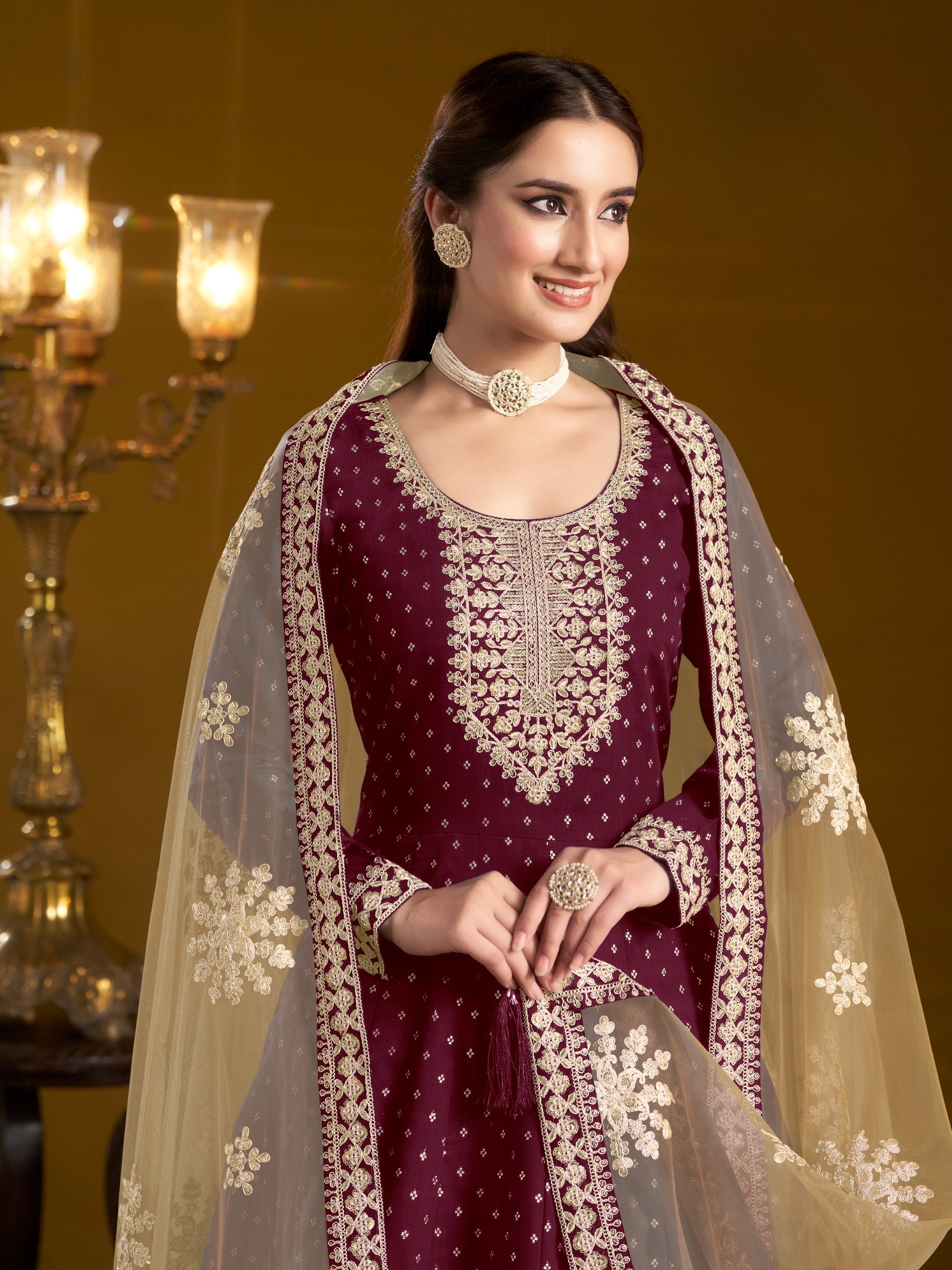 Anaita Purple Embroidered Jacquard Chanderi Anarkali Suit - Distacart