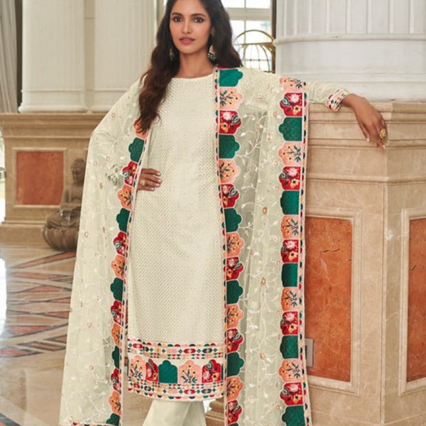 Anaita Cream Faux Georgette Plazzo Suit With Embroidery & Sequins Work - Distacart